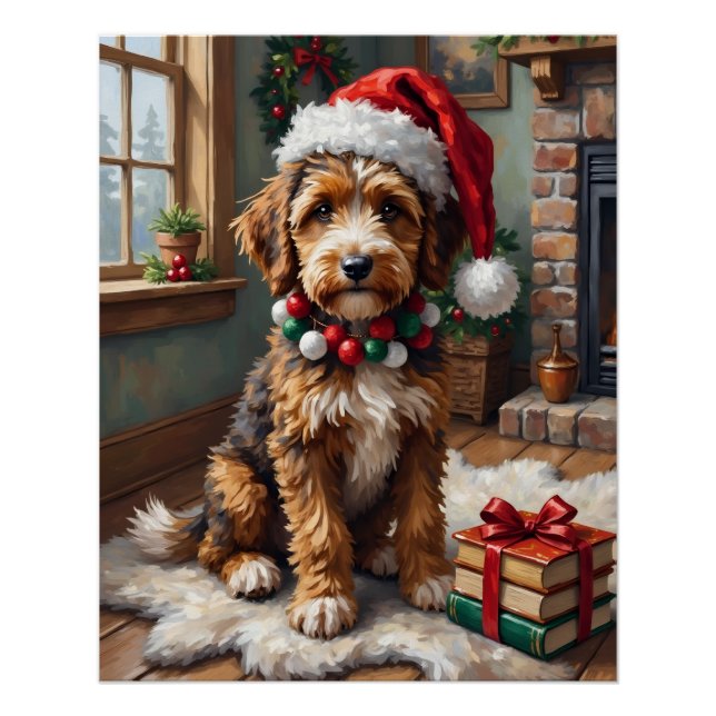Póster Cachorro Adorável Bernedoodle com Chapéu de Natal  (Frente)