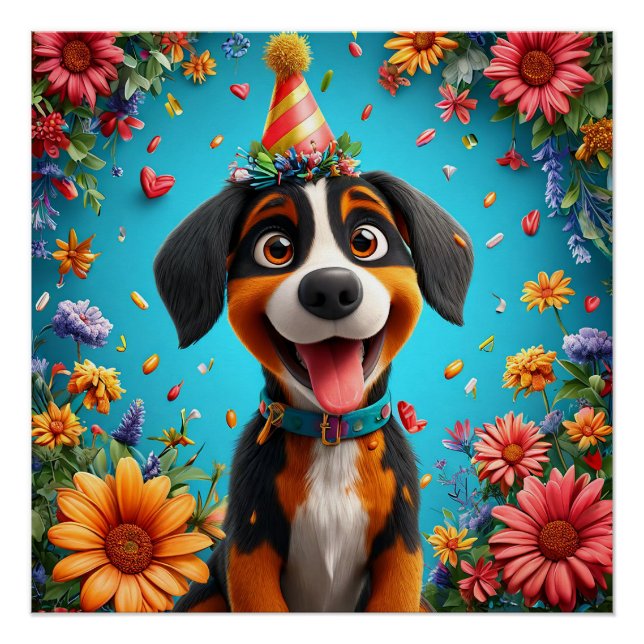 Póster Cachorro Adorável Celebrando Festa de Aniversário (Frente)