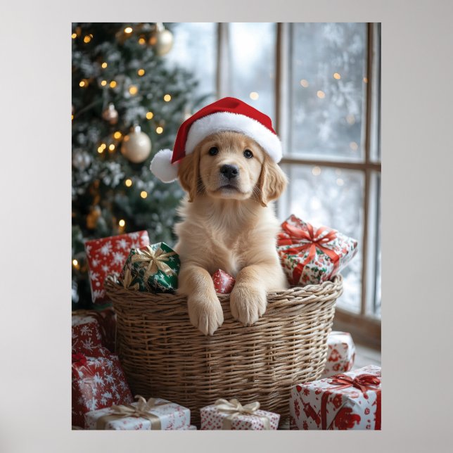 Poster Cachorro Adorável com Papai Noel na Cesta (Frente)