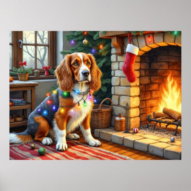 Poster Cachorro Afegão Lareira com Luzes de Natal (Frente)