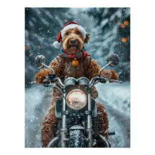 Póster Cachorro Airedale Pilotando Moto Natal