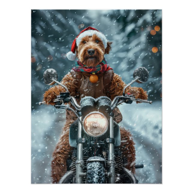 Póster Cachorro Airedale Pilotando Moto Natal (Frente)