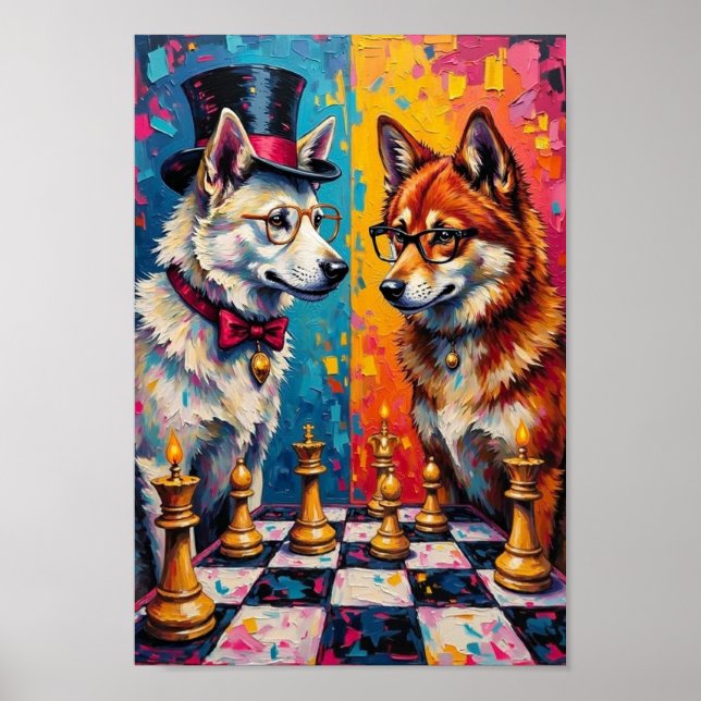 Poster Cachorro Akita Jogando Xadrez Pop Art (Frente)