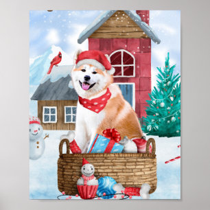 Poster Cachorro Akita na Casa de Natal na Neve