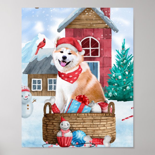 Poster Cachorro Akita na Casa de Natal na Neve (Frente)
