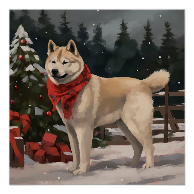 Póster Cachorro Akita na Neve Natal (Frente)