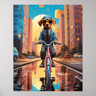 Poster Cachorro Andando Bicicleta na Cidade