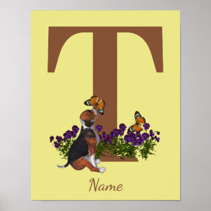 Poster Cachorro Beagle Borboletas Monograma Inicial T Nom
