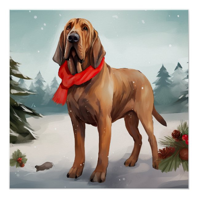 Póster Cachorro Bloodhound na Neve Natal (Frente)