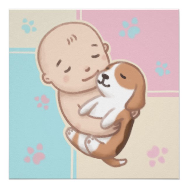 Póster Cachorro Bonito e Ilustração de Bebês (Frente)