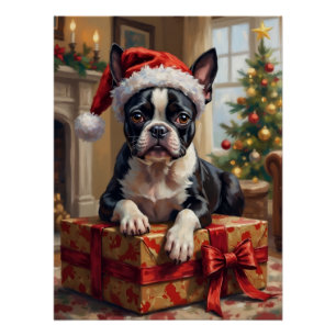 Póster Cachorro Boston Terrier Elegante Presente de Natal