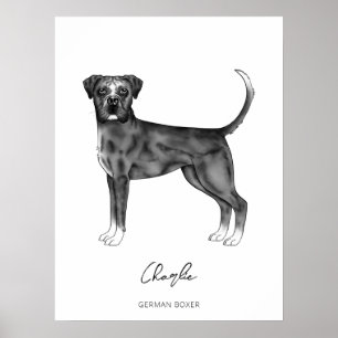 Poster Cachorro Boxer Alemão Preto e Branco & Texto Perso