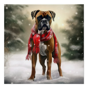 Póster Cachorro Boxer na Neve Natal