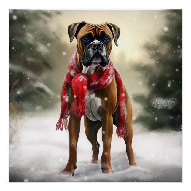 Póster Cachorro Boxer na Neve Natal (Frente)