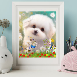 Poster Cachorro branco fofo da raça maltês no Jardim Flor