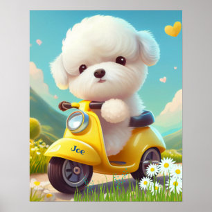 Poster Cachorro branco giro cavalgando com patinete amare