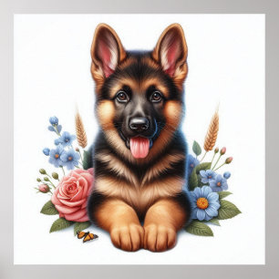 Poster Cachorro brincalhão Pastor Alemão com Flores 