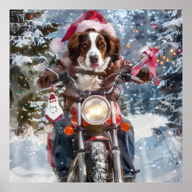 Poster Cachorro Brittany Spaniel Pilotando Motocicleta Na (Frente)
