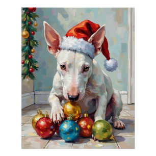 Póster Cachorro Bull Terrier Brincalhão Guardando o Natal