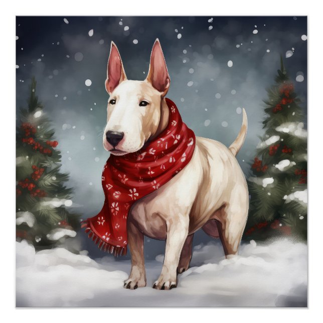 Póster Cachorro Bull Terrier na Neve Natal (Frente)