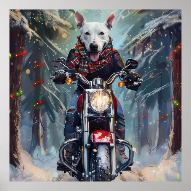 Poster Cachorro Bull Terrier Pilotando Motocicleta Natal (Frente)