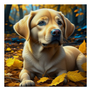 Póster Cachorro Cachorro Jogando Folhas de Queda