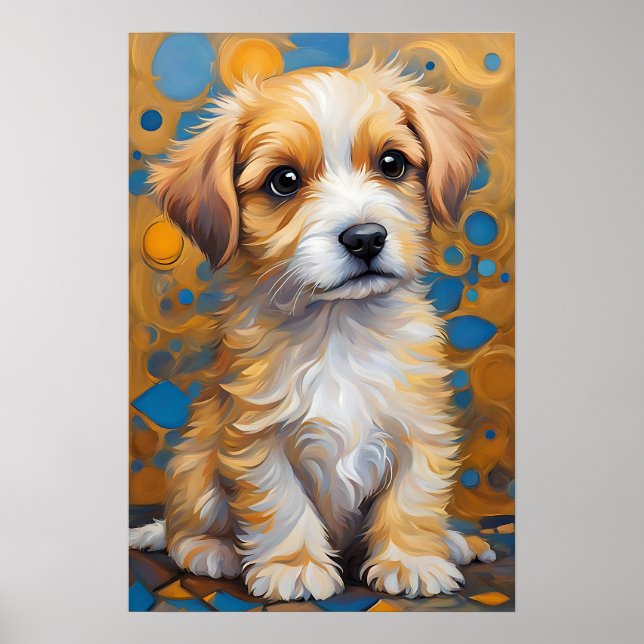 Poster Cachorro Cachorro no Estilo Kandinsky - Ouro e Azu (Frente)