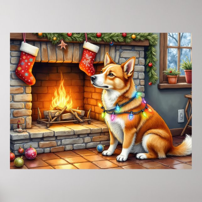 Poster Cachorro Carolina Lareira com Luzes de Natal (Frente)