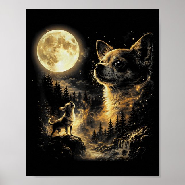 Poster Cachorro chihuahua engraçado uivando para a lua pa (Frente)