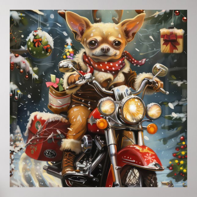Poster Cachorro Chihuahua Pilotando Moto Natal  (Frente)
