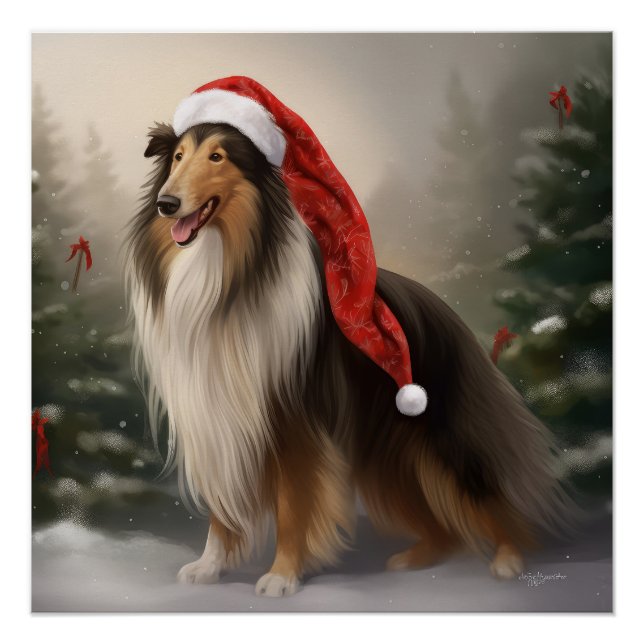 Póster Cachorro Collie em Snow Christmas (Frente)