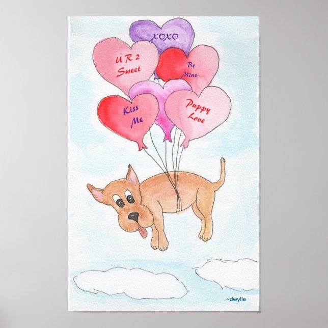 Poster Cachorro com Balões em Forma de Coração (Frente)