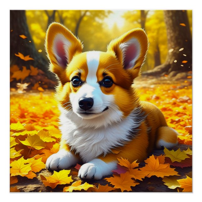 Póster Cachorro Corgi Brincando em Folhas de Queda (Frente)