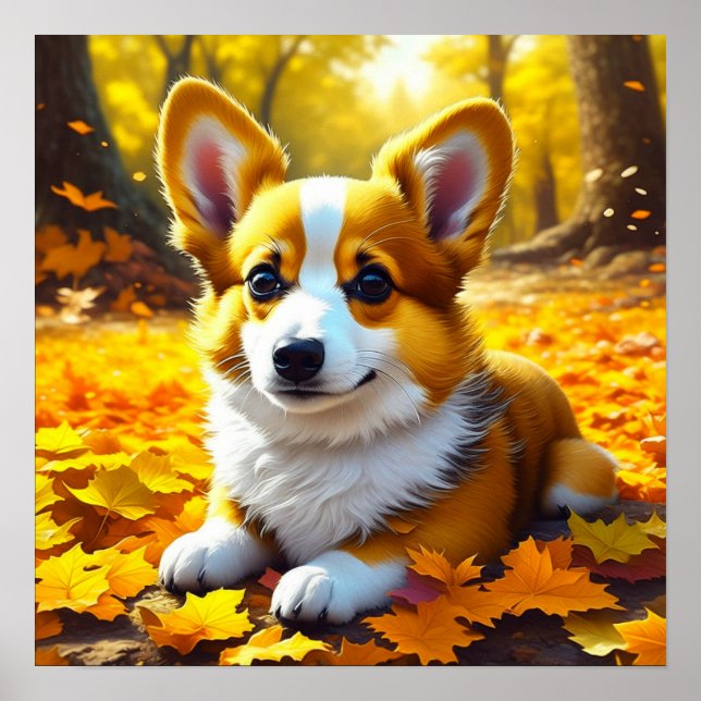 Poster Cachorro Corgi Brincando em Folhas de Queda (Frente)