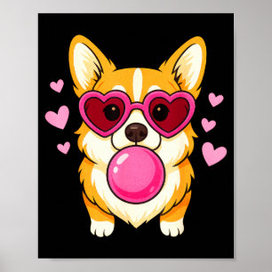 Poster Cachorro Corgi soprando chiclete rosa formando cor