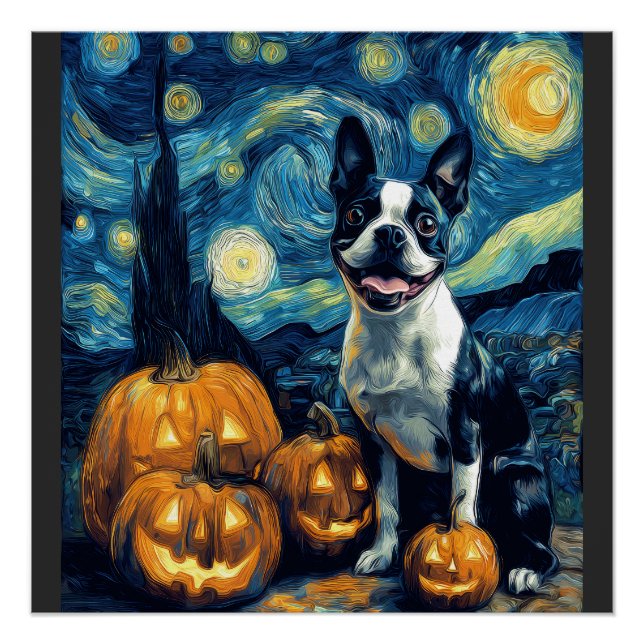 Póster Cachorro Cute Boston Terrier Halloween Jack O Lant (Frente)