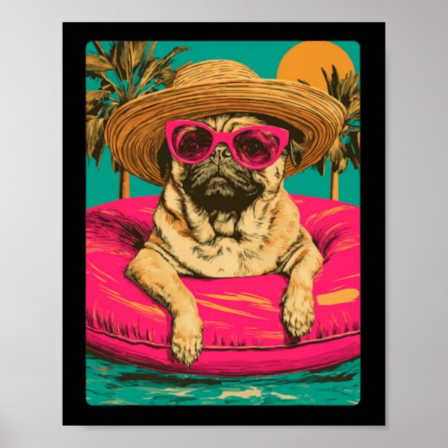 Poster Cachorro Cute Pug De Verão Com Óculos De Sol Tropi (Frente)