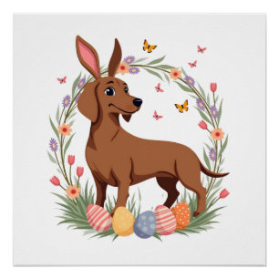 Póster Cachorro Dachshund Coelho de Páscoa Vintage com Ov