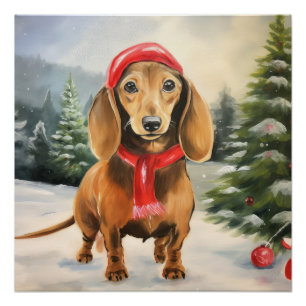 Póster Cachorro Dachshund na Neve Natal 