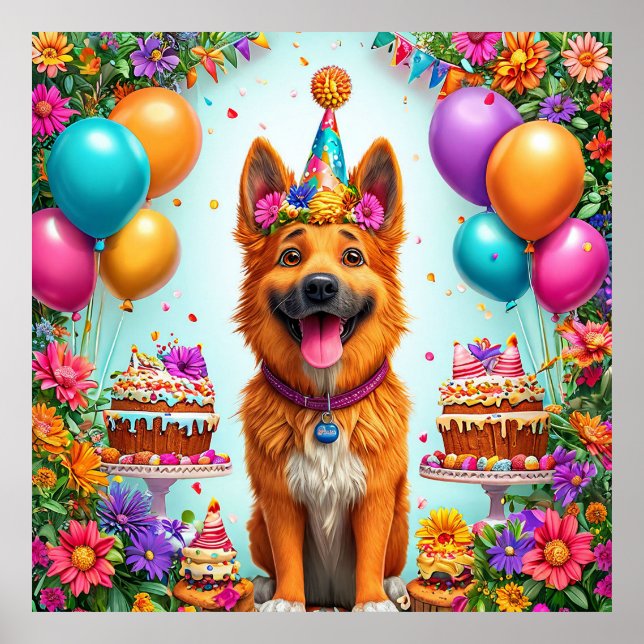 Poster Cachorro de aniversário com bolo e balões (Frente)