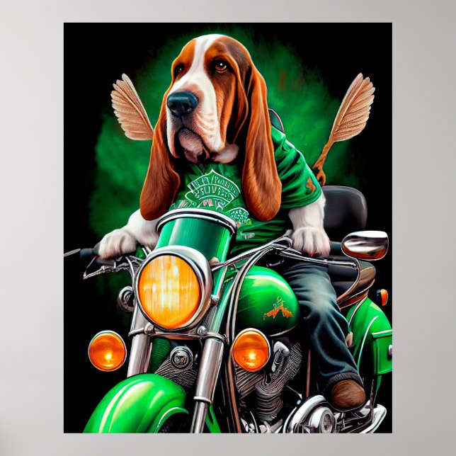 Poster Cachorro de Basset dirigindo Rua de bicicleta. Dia (Frente)
