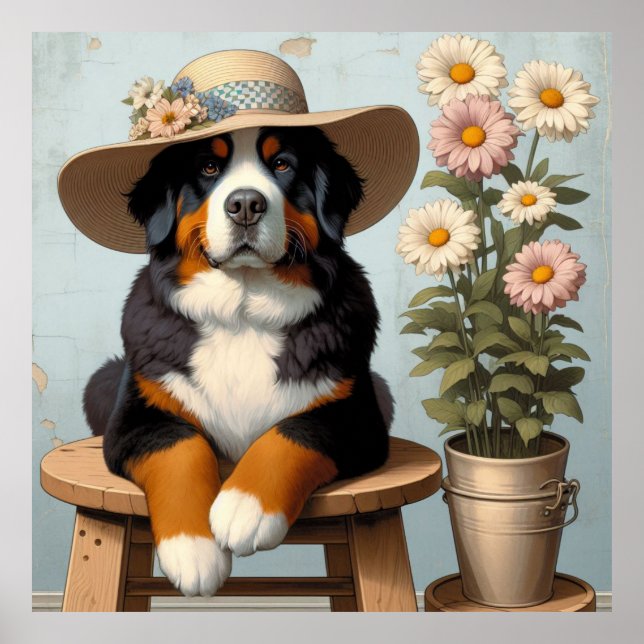 Poster Cachorro-de-Bona-Bonita com Chapéu e Flores (Frente)