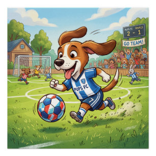 Póster Cachorro de Desenho Animado Jogando Futebol