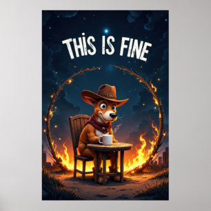 Poster Cachorro de desenho animado sentado à mesa com caf
