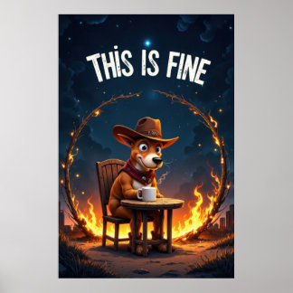 Poster Cachorro de desenho animado sentado à mesa com caf
