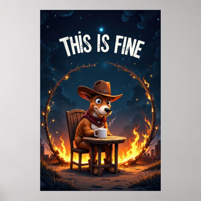 Poster Cachorro de desenho animado sentado à mesa com caf (Frente)