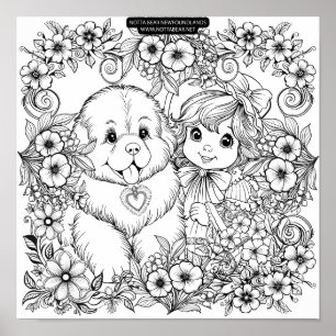 Poster Cachorro de Estilo Vintage e Flores Trepadeiras