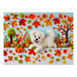 Póster Cachorro de Feltro Brincando em um Jardim de Outon