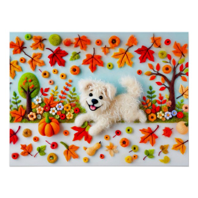 Póster Cachorro de Feltro Brincando em um Jardim de Outon (Frente)