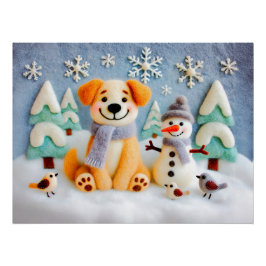 Póster Cachorro de Feltro Brincando na Neve com Boneco de